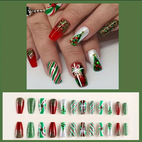 24pcs Red & Green Sparkling Christmas Press-On Nails Set - Picture 2 of 6